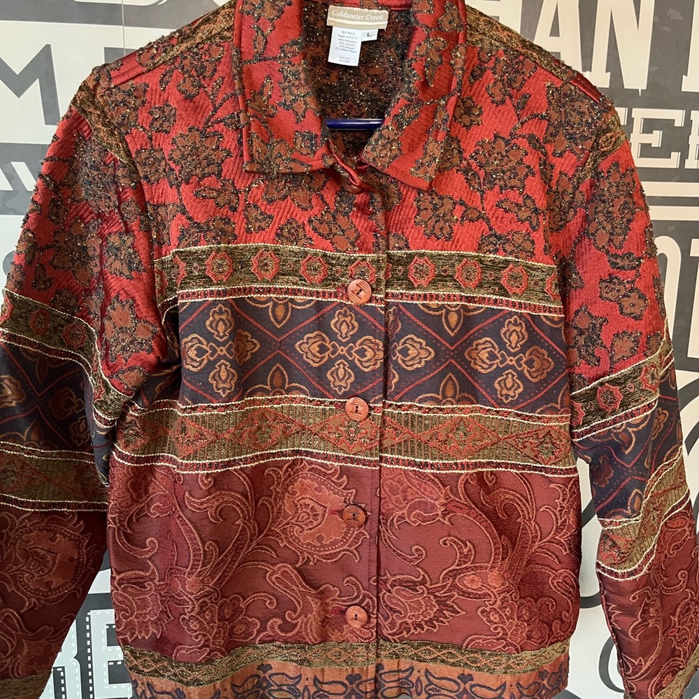 Coldwater Creek Tapestry Jacket with Wood Buttons and Gold Thread, Boho